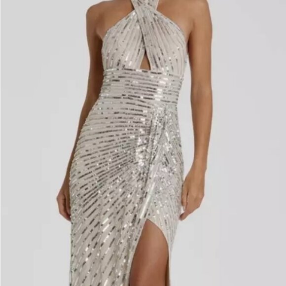 Mac Duggal Silver White Embellished Halter Evening Sheath Dress Size 4
